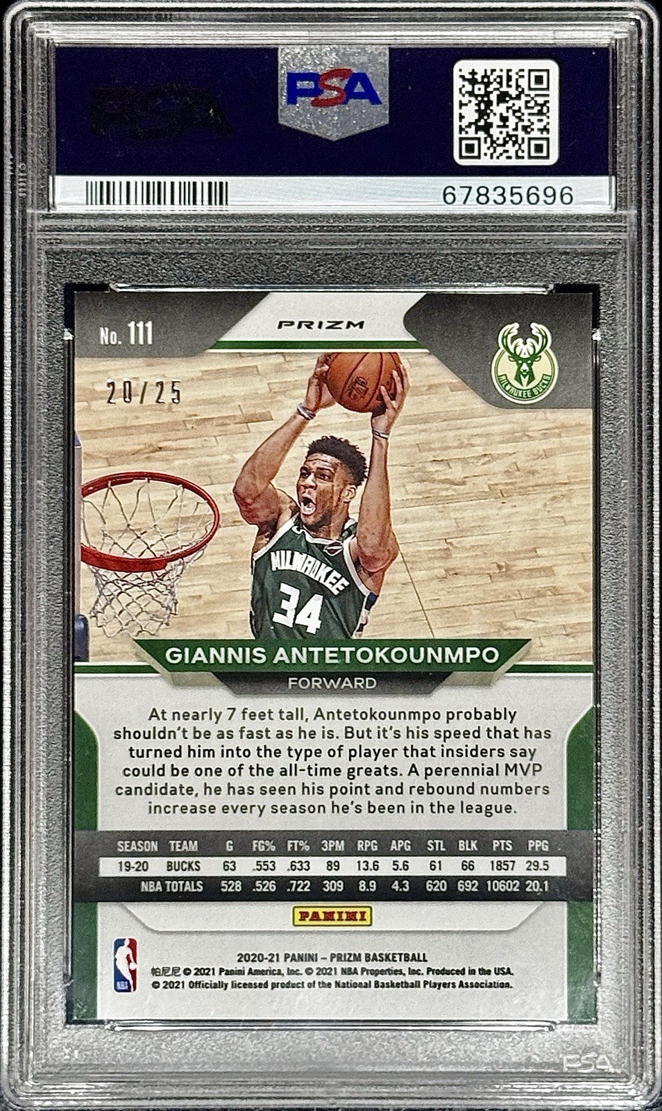 Giannis Antetokounmpo PSA 10 - 2020 Prizm #111 MOJO /25 - Milwaukee Bucks view 2
