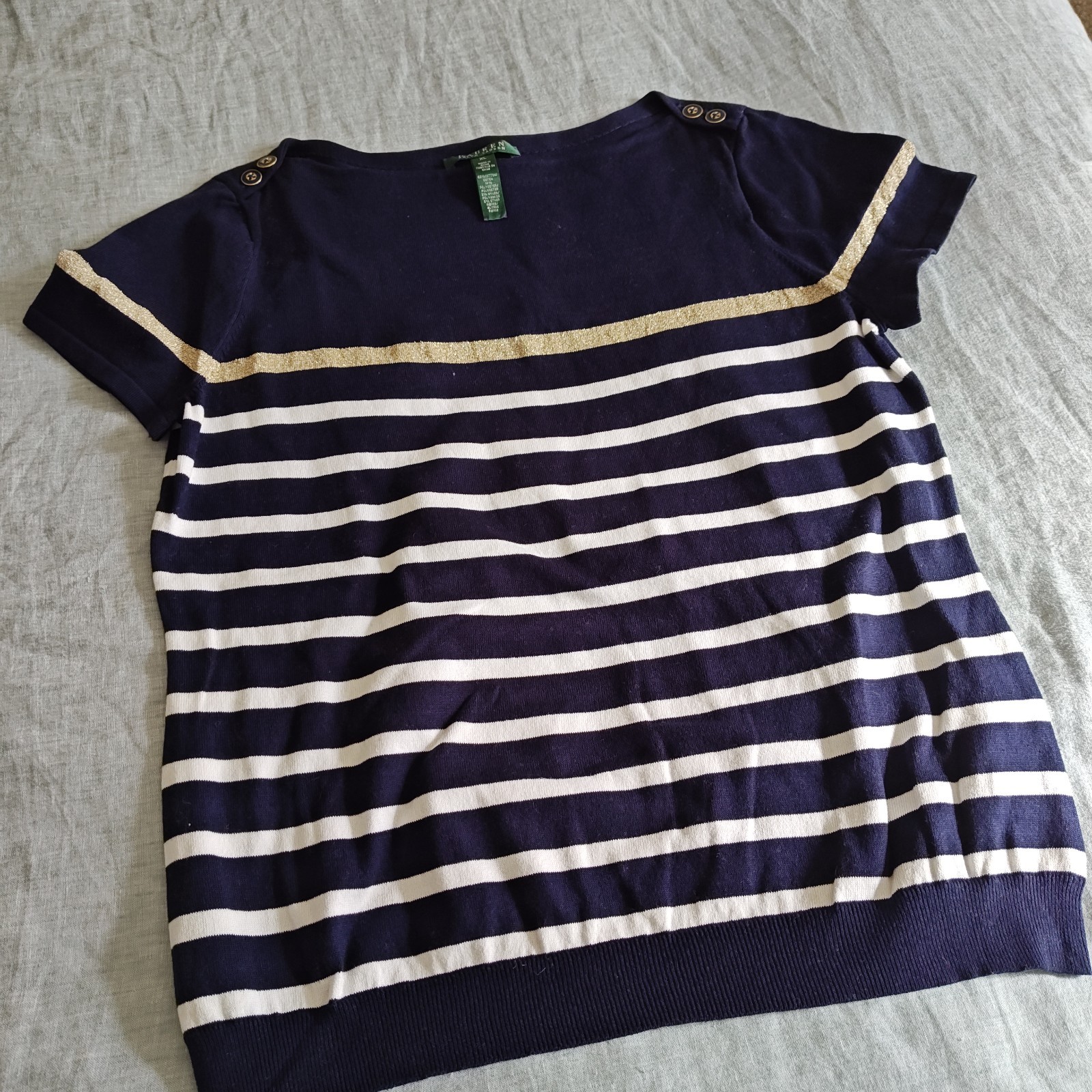 Ralph Lauren Navy Striped Knit Top Short Sleeve Nautical Sailor Old Money XL