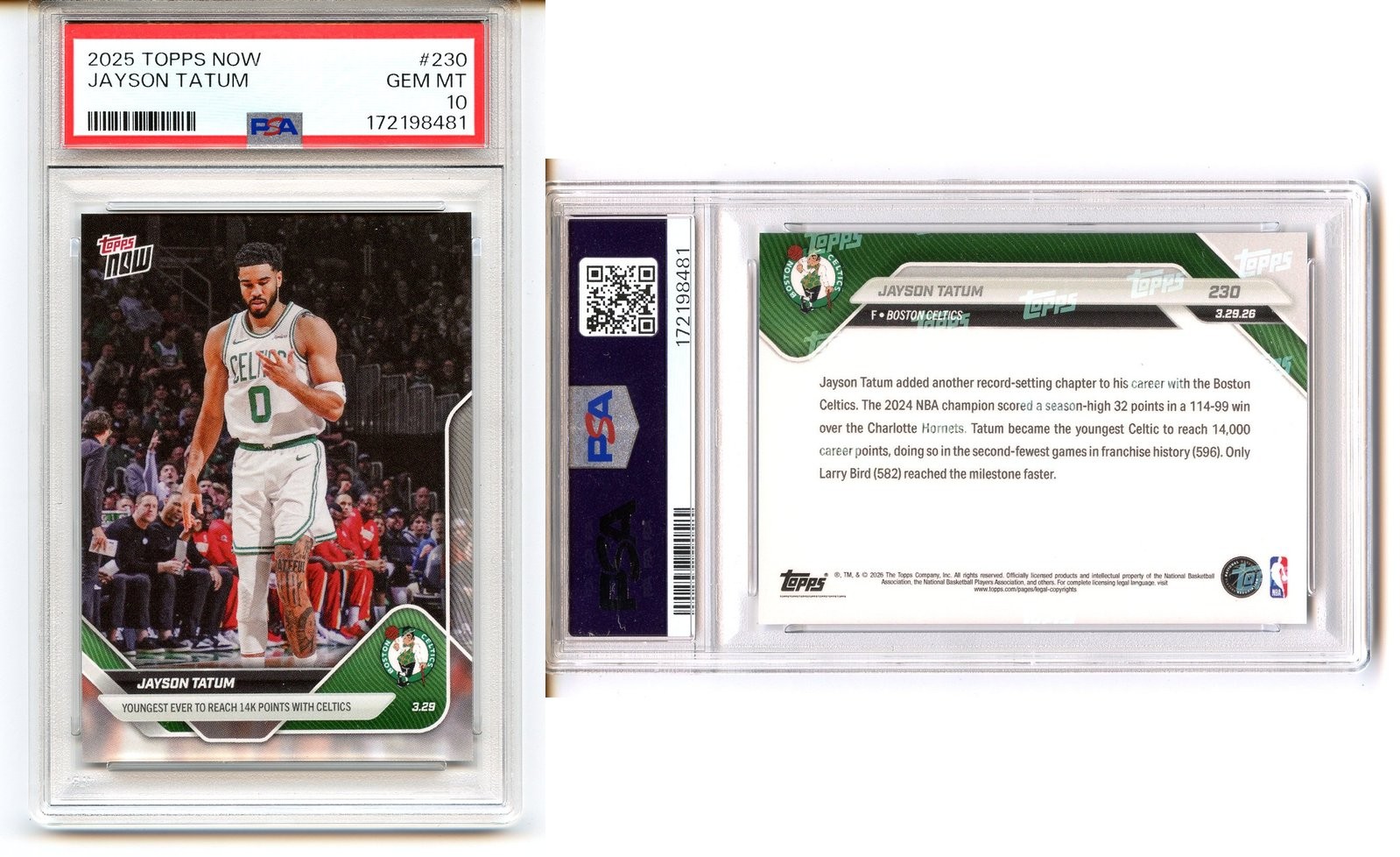 Jayson Tatum 2025-26 Topps Now #230 PSA 10 Celtics - Youngest to 14k Points view 3