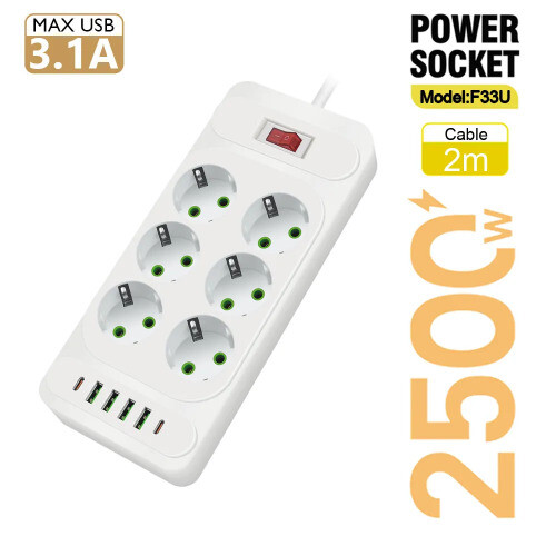 EU Plug AC Outlet Multitap Power Strip 2m Cord Socket Smart USB Protector - Picture 13 of 16