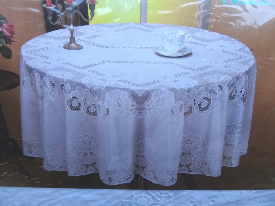 180 cm Ø Rund Weiß TISCHDECKE RUND SCHUTZDECKE BALKON GARTEN Blumenmotiv Vinyl - Bild 3 von 4