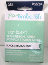 NEW Brother P-touch Embellish Satin Ribbon BLACK on WHITE 1/2"