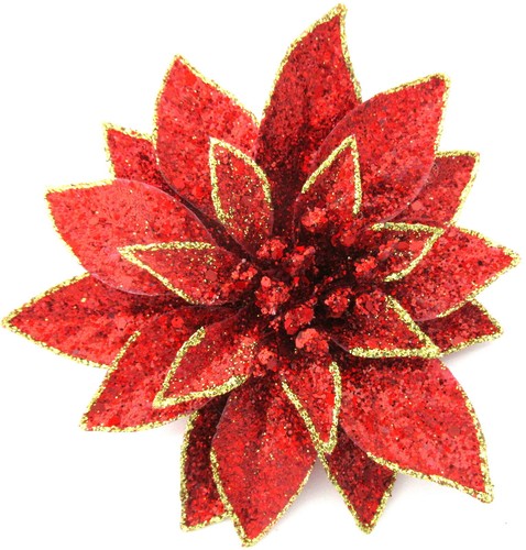 Large 6 inch Red & Gold Glitter Poinsettia Flower Hair Clip, Ornament,Christmas - Picture 3 of 3