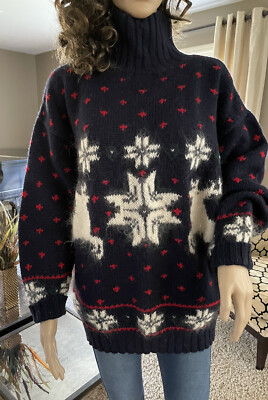 VINTAGE HAND KNIT STUDIO MICHELLE STUART DEER SNOWFLAKES WOOL SWEATER MED LARGE