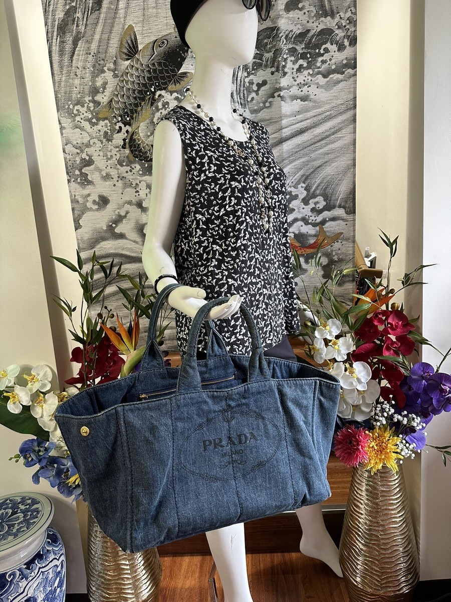 AUTHENTIC PRADA LOGO CANAPA AVIO DENIM LARGE SIZE TOTE | eBay