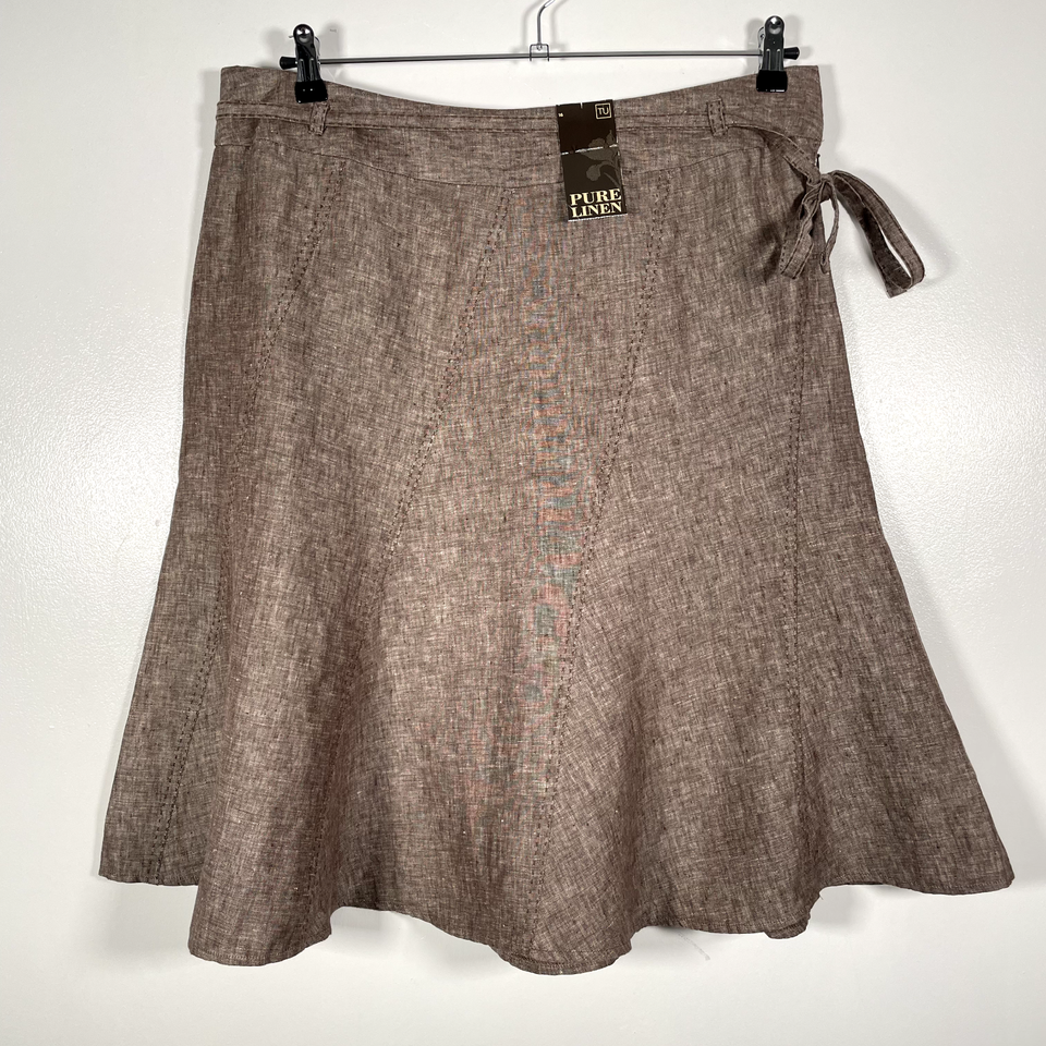 Tu Linen Skirt Womens Size UK 16 100 Linen Brown Flared Summer Casual
