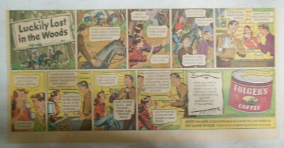 Folger's Coffee Ad: Luckily Lost In The Woods ! 1950's Size: 7.5 x 15 Inch