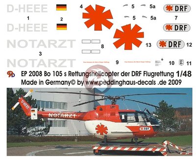 Peddinghaus 1/48 Bo 105CBS-5 German Rescue Helicopter Markings D-HEEE DRF 2008