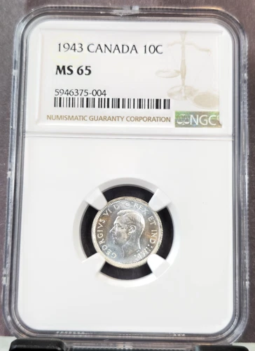 1943 CANADA SILVER 10 CENTS 10C GEORGE VI NGC MS 65 RARE STUNNING GEM BU