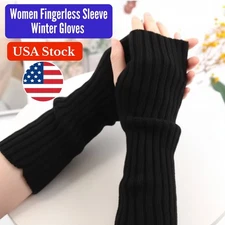 Women Long Half Fingerless Sleeve Winter arm warmer Knitted Mittens Gloves USA