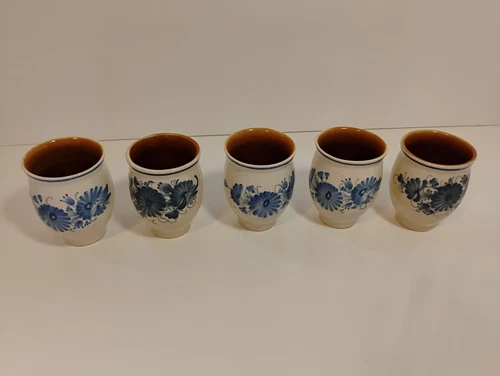 Vintage Handmade Czech Blue Onion Flower Stoneware Mugs Set Of 5