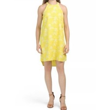 C&C California Dress Small Yellow Linen Palm Print Halter Shirt Dress Hi Low