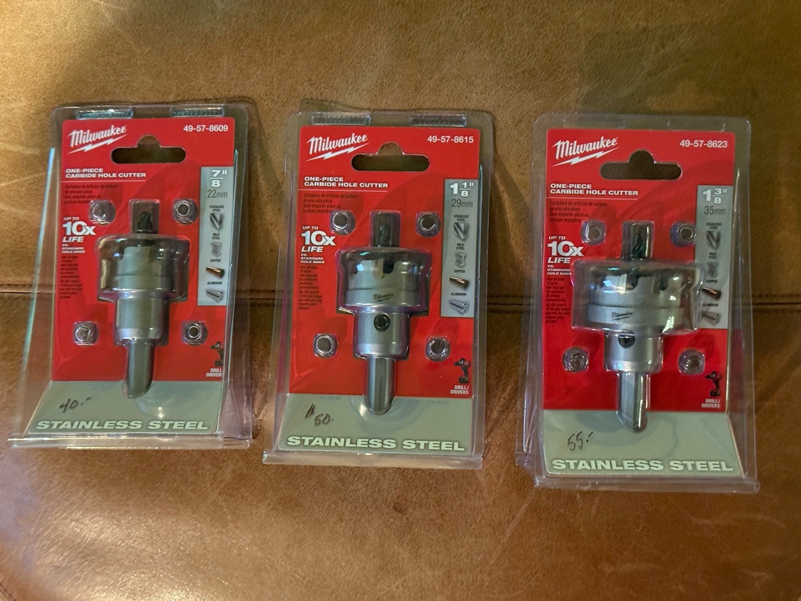 MILWAUKEE CARBIDE HOLE CUTTER 3PC. SET 7/8" , 1 1/8" , & 1 3/8"