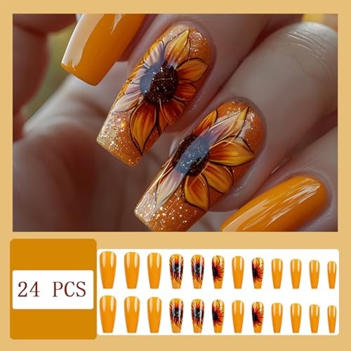 Press on Nails Medium Sarg Kunstnägel Blume Falsch Glitzer Gelb Blume - Bild 3 von 7