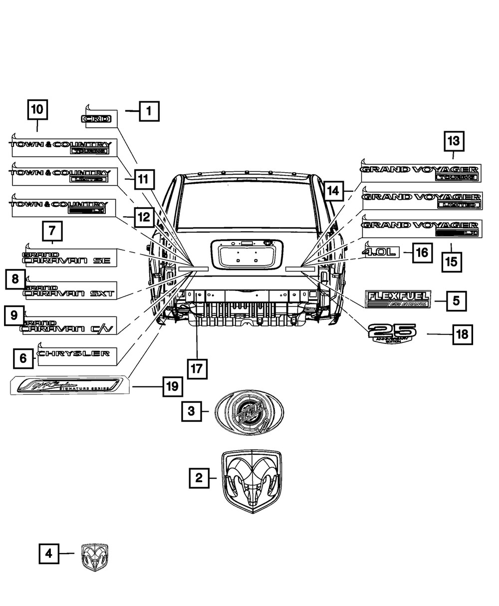 Placa de nombre para Grand Caravan/Town & Country 2008-2010 (N/P 5113423AC)