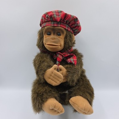 Hosung Brown Monkey Puppet 10'' Plush Flocked Face Chimp Squeak Hat & Scarf 1994