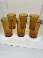 6 VTG 1950s Duralex Picardie Amber Brown Drinking Glass Tumbler France 5"H 2.8"D