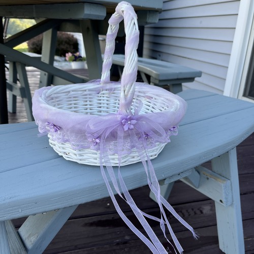 White Basket with Purple Lace & Flower trim - Wedding, Easter, Etc.