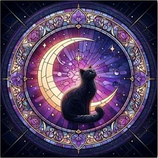 Tarot Spread/Altar Cloth Stained Glass, Moon & a Black Cat 19.2" x 19.2" 
