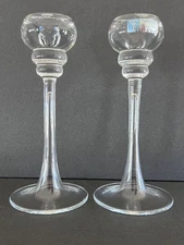 Pair of Krosno  Poland Hollow Stemmed Clear Glass Candlesticks- 8.5"