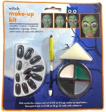 HALLOWEEN WITCH Makeup Kit-crayon, applicator, sponge, 3 colors, 12 Bk Nails 11z