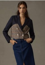 NWOT Jason Wu Mixed Media Cropped Navy Plaid Blazer Jacket Medium