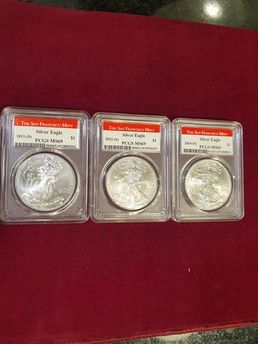 Lot Of 3. 2011S, 2012S & 2014S-American Silver Eagle certified by PCGS MS 69