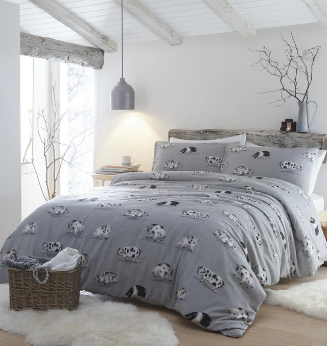 Grey Cosy Pig Fun Illustrated Soft Warm 100 Brushed Cotton Duvet