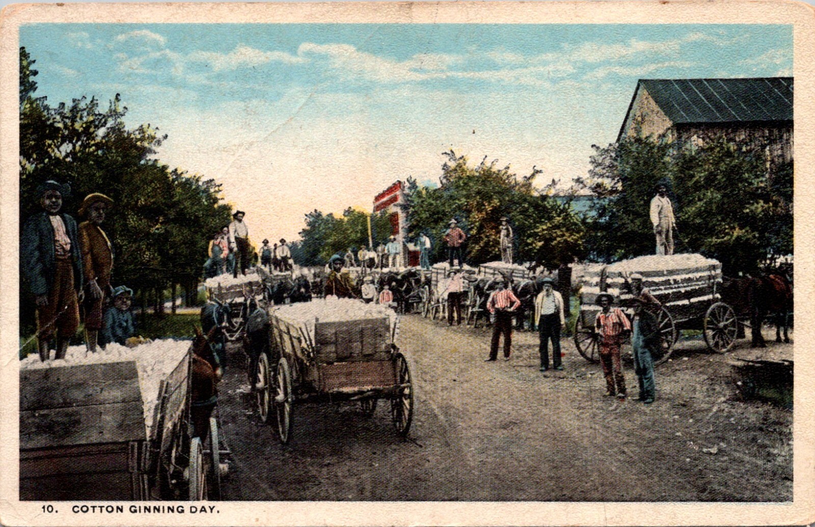 Vintage Cotton Ginning Day Farmers with Horse Drawn Cotton Wagons Postcard 26160