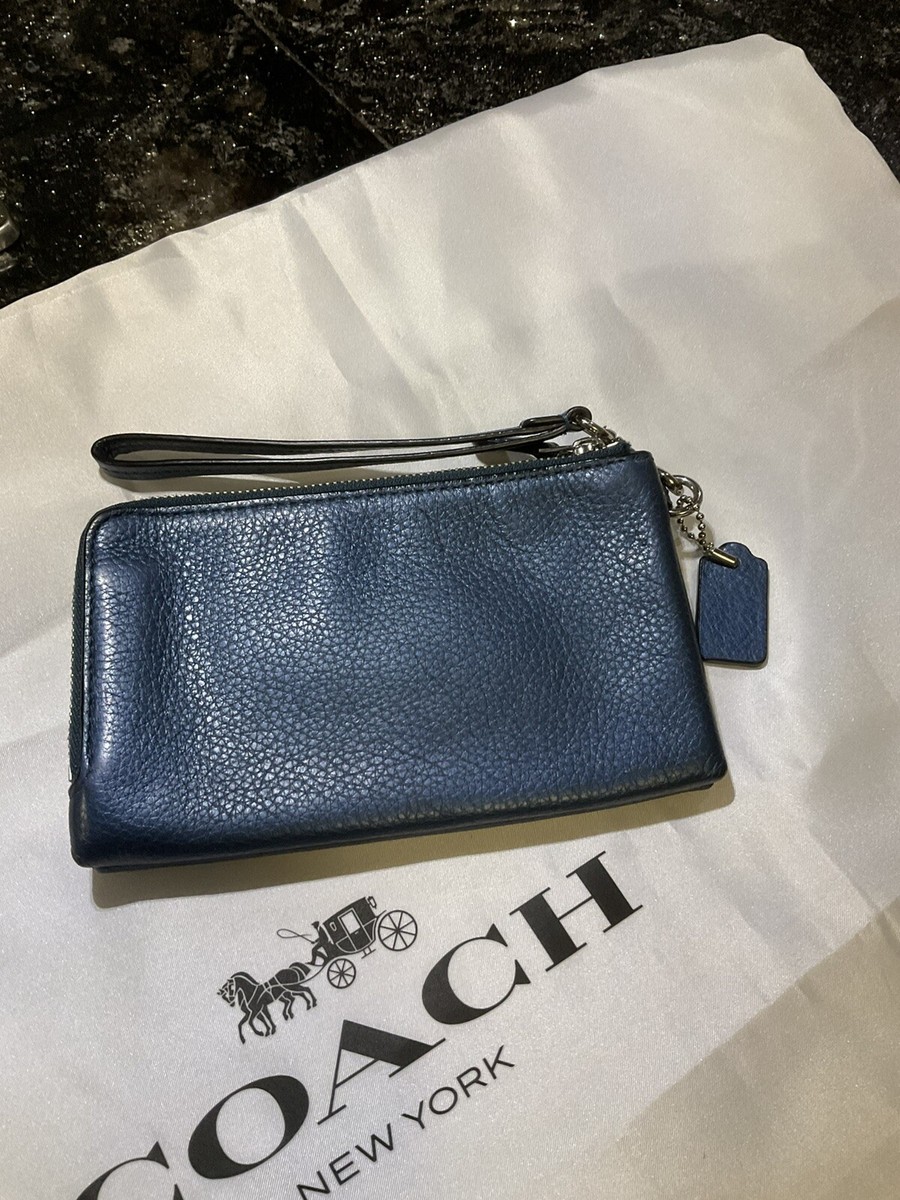 Coach Double Zip Corner Wristlet/Wallet 64130 Metallic Teal Blue