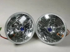 5-3/4" Round Blue Dot Tri Bar Headlights H4 Street Rod PAIR Turn Signal Bulb
