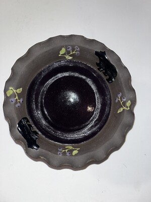 Hand Made Pottery Bowl Purple W/ Bears & Berries 6.5  Signed Boot Hill Pottery