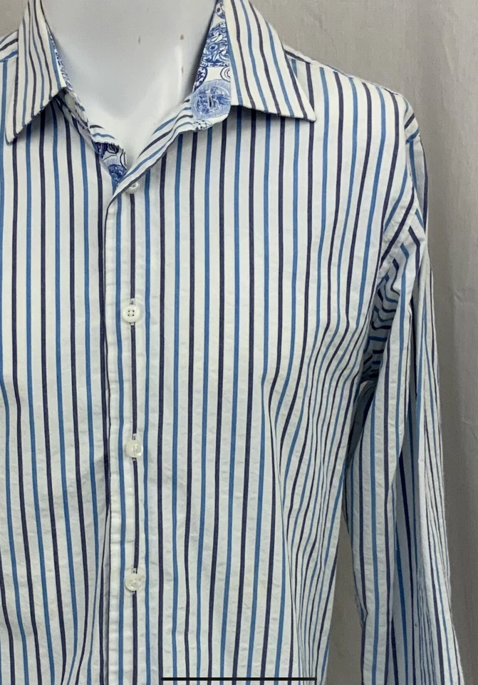 Tallia Long Sleeve Button-Up Shirt Men’s M Blue White Striped Cotton YGI Y1-660 - Image 3 of 4