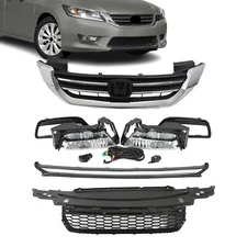 Front Upper/Lower Grille With Foglights Combo Fit 2013-2015 Honda Accord Sedan