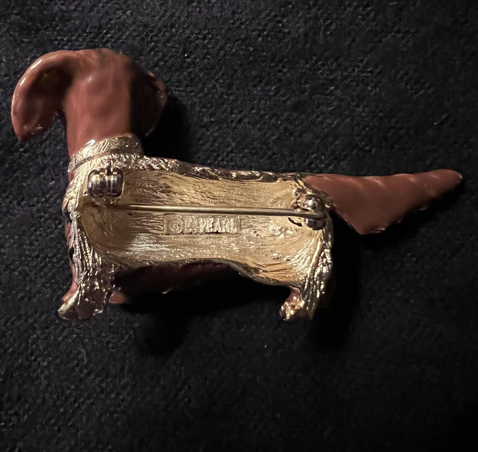 Broche Erwin Pearl Dachshund Esmalte Rojo/Marrón Pelo Largo Ojos Joyas, De Colección Foto 3 de 4
