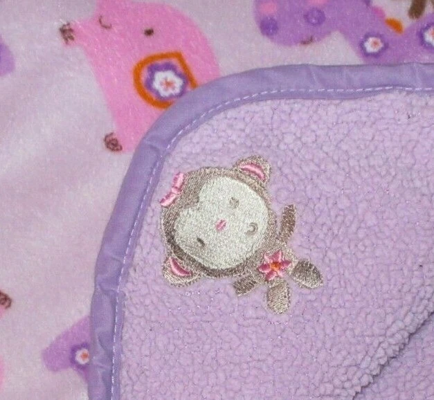 Tiddliwinks Monkey Giraffe Elephant Purple Baby Blanket Plush Sherpa 30x40 Girl - Image 3 of 4