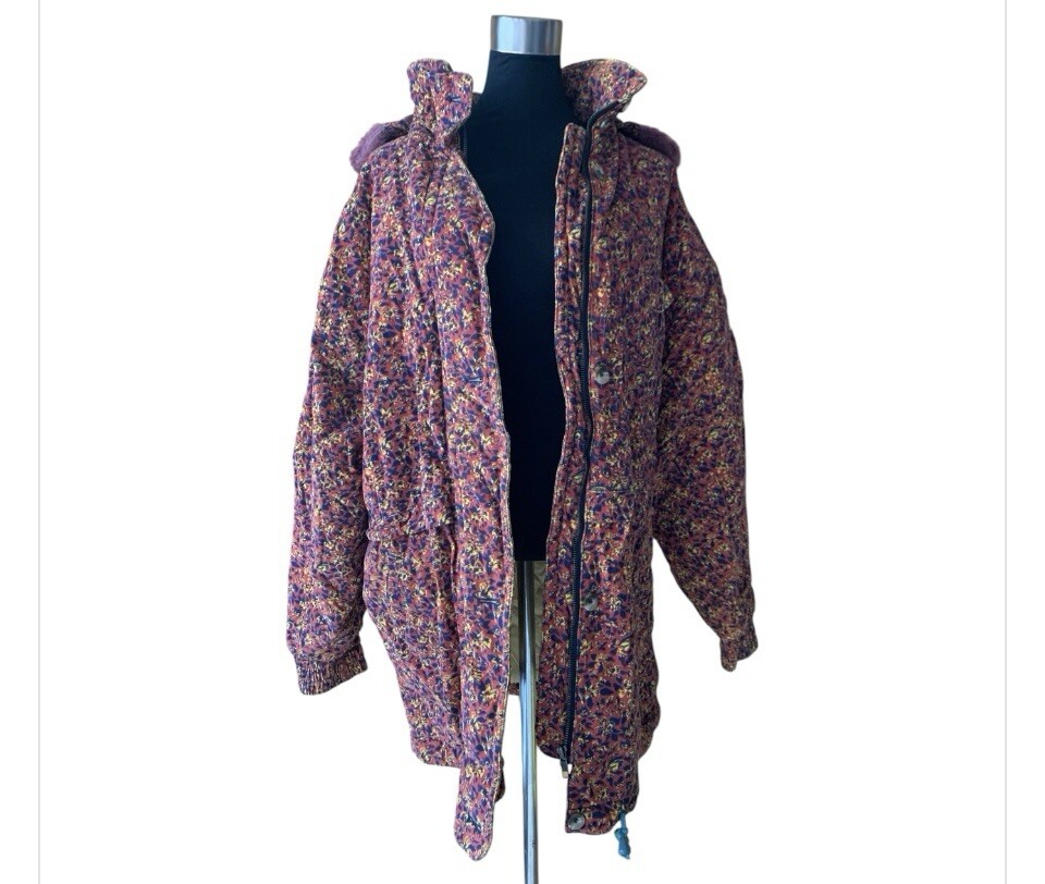 80s Vintage Cotton Parka with Faux Fur Hood Floral Print and Zipper Pockets