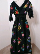 vintage oaxacan dress Mexican Hand Embroidered Crochet Cut Out Black Dress M.