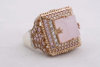 Türkischer Schmuck Ring quadratisch rosa Rosenquarz Topas 925 Sterlingsilber Größe alle