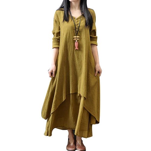 Womens Boho Cotton Linen Dress Long Sleeve Dress Sundress Maxi Dress Casual New - Picture 7 of 23