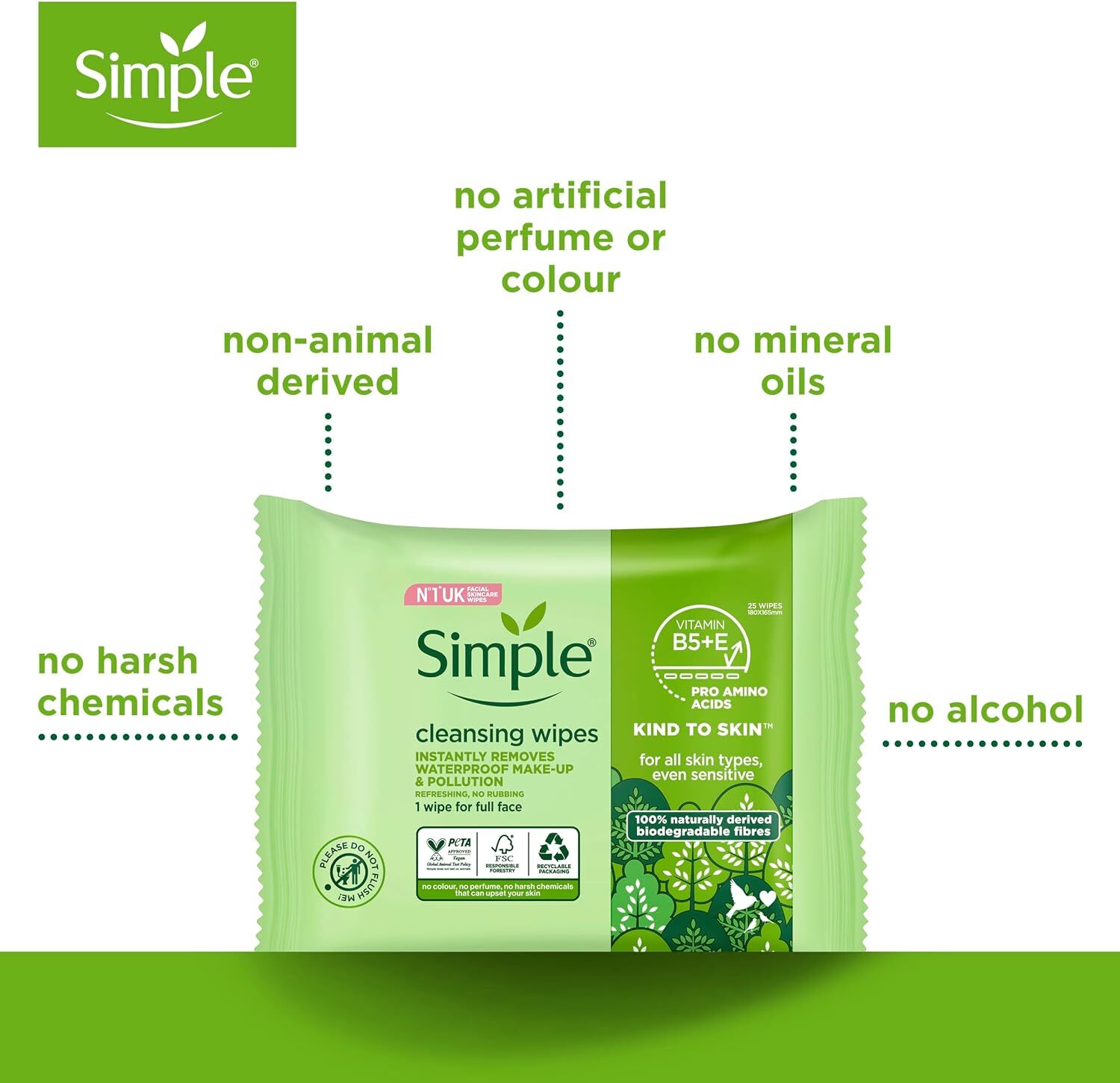 Simple Kind to Skin Cleansing Face Wipes UK's 1 facial 25 count (Pack