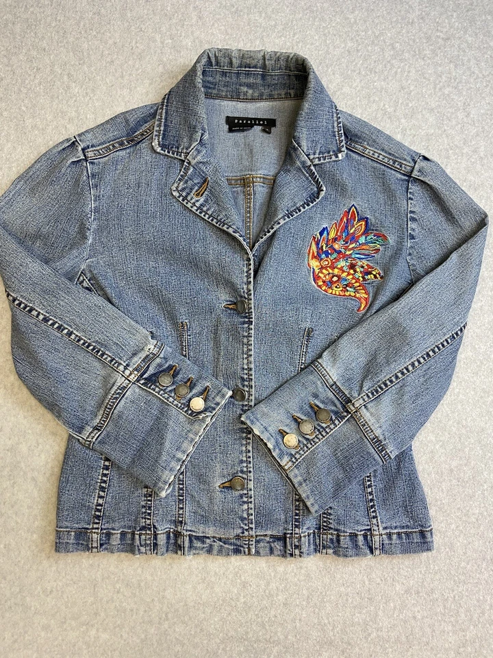 Chaqueta Para Mujer Parallel Mediana Azul Jean Bordada Informal Boho Foto 2 de 4