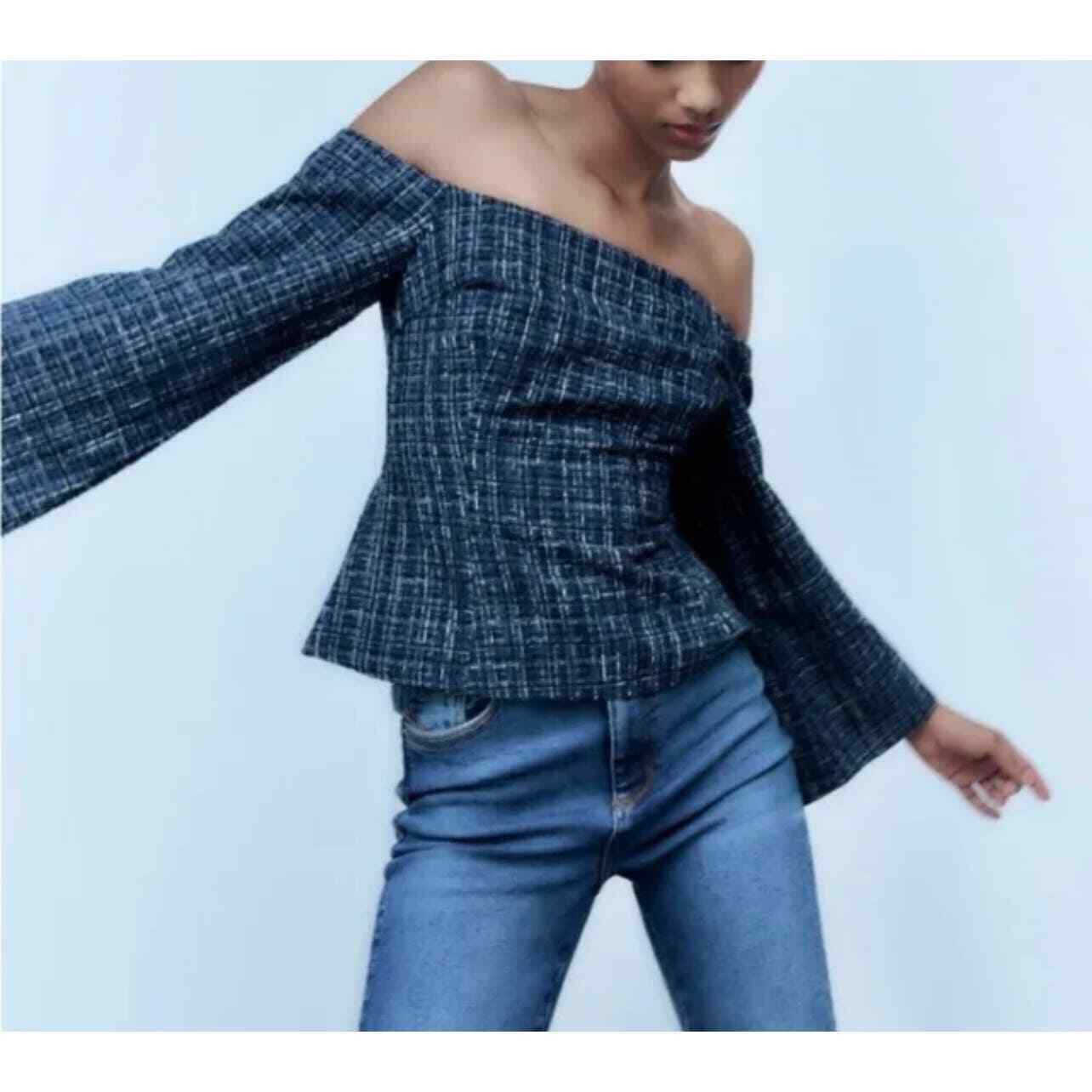 Zara Tweed Multicolored Off Shoulder Top Size S S… - image 3