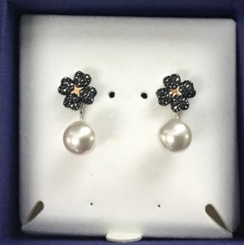 Swarovski Crystal Latisha Earring Jackets, Flower, Black Crystals and Pearls, Rh - Afbeelding 1 van 4