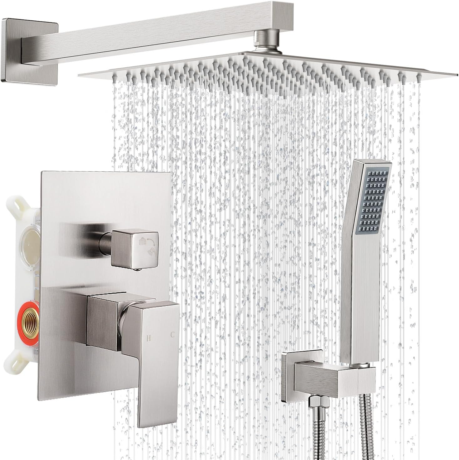 10 Inches Bathroom Rain Shower Combo Set Wall Mounted Rainfall Brushed Nickel Sh