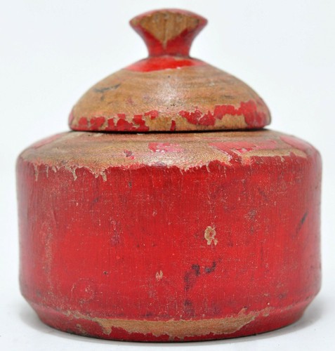 Antique Wooden Kum Kum Powder Tika Box Original Old Hand Carved Lacquer Painted - Picture 3 of 7