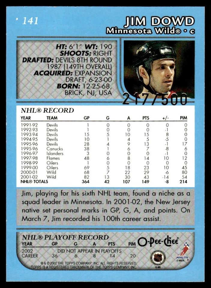 2002-03 Topps O-Pee-Chee Blue Line Jim Dowd /500 Minnesota Wild #141 - Image 2 of 2