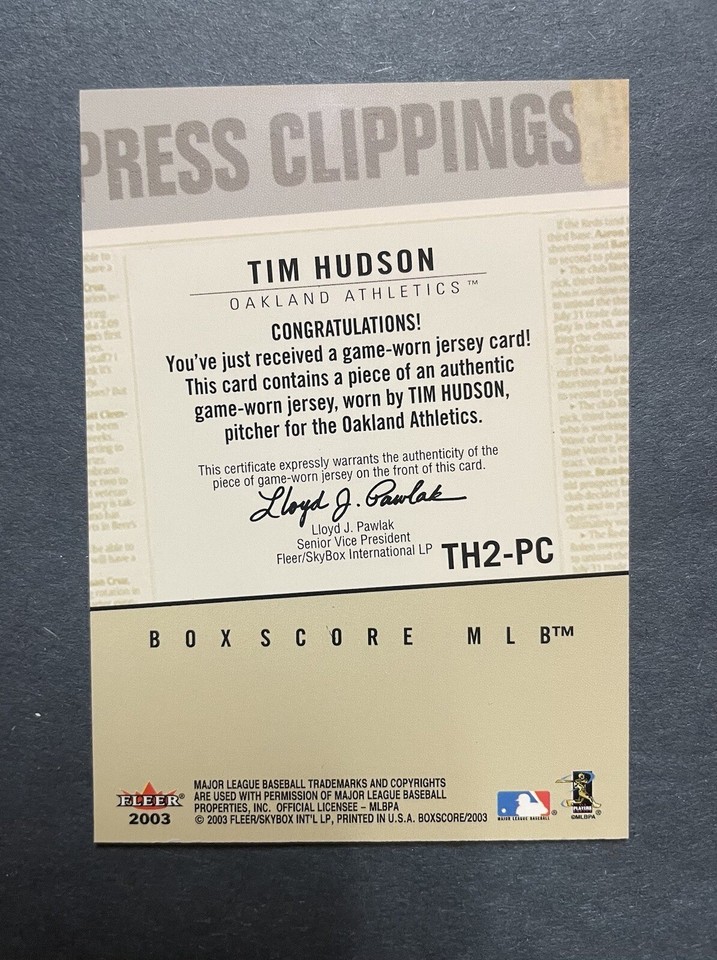 2003 Fleer Box Score Press Clippings Tim Hudson Athletics Jersey Card # ...