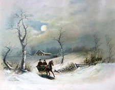 Winter Rural Scene Horse Sleigh William Chandler very old art 16 x 20