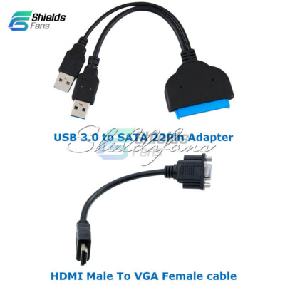 lække Halloween bestå 2.5"USB 3.0 To SATA 22Pin Hard Disk Driver Adapter+HDMI Male To VGA Female  Cable | eBay